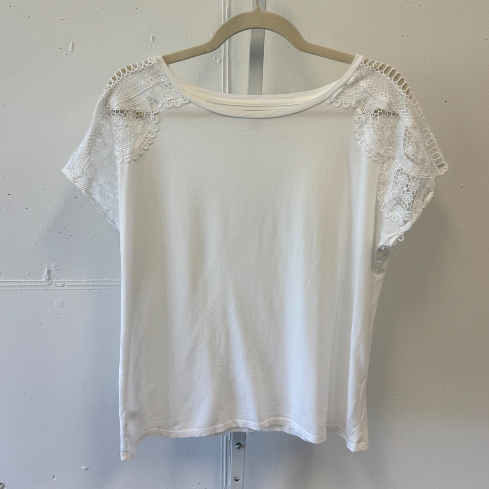 Loft White Lace Crochet Shoulder Short Sleeve Cotton Modal Top T-shirt Medium